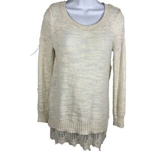 Cupio Sweater‎ Women Size Small Ivory  w Lace Hem round neck